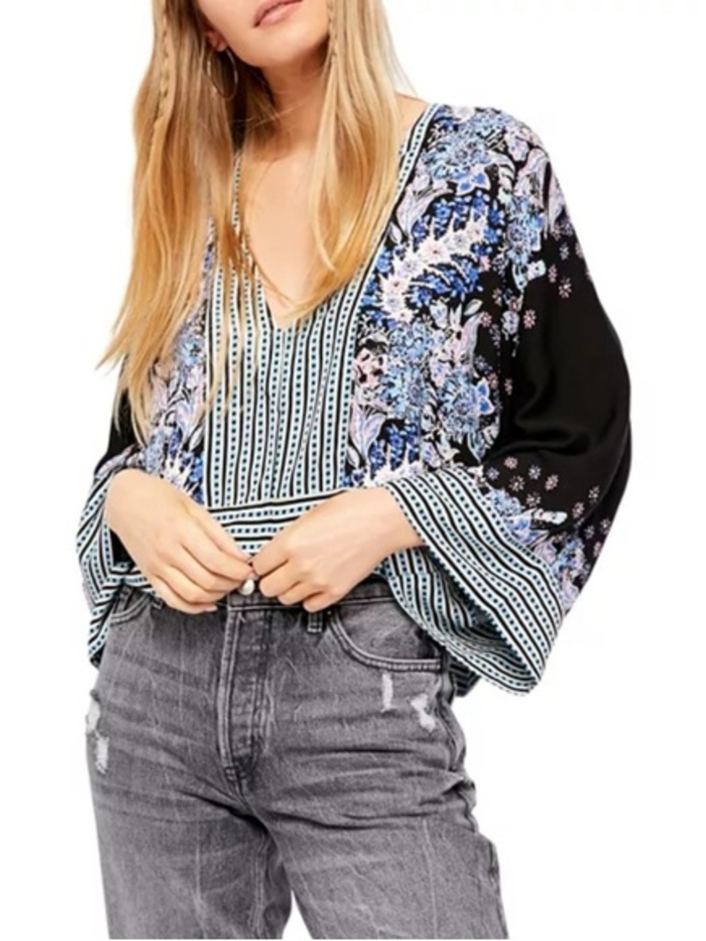 Free People - Mix N Match Pink Floral Print Stripe V Neck Blouse Size Small